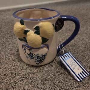 Luna & Sage Hand-Painted Lemon Ceramic Mug - Blue Trim